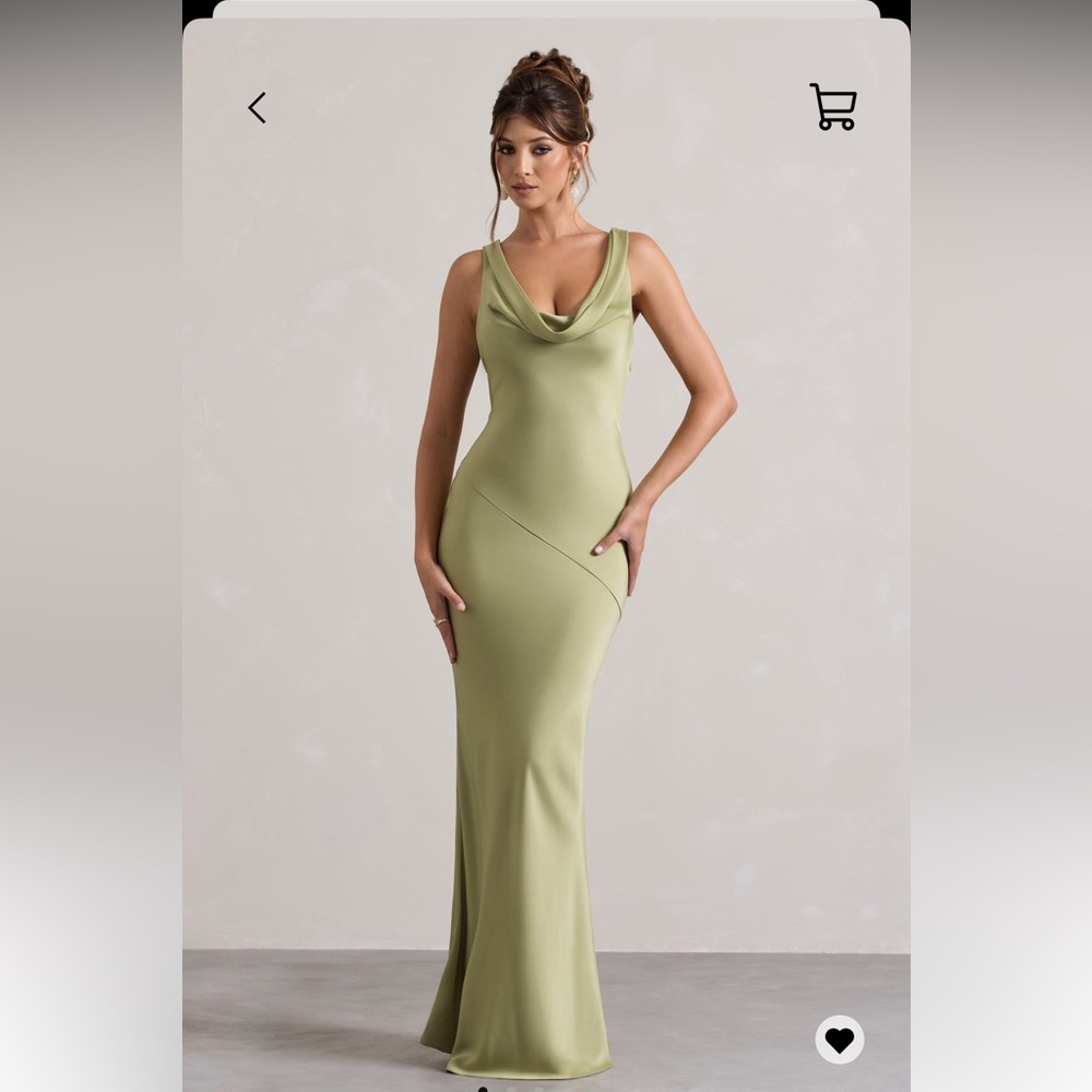 Club L London - Alesso Light Olive Satin Cowl-Neck Maxi Dress